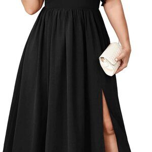 Plus Size Maxi Dress Women Summer V Neck Puff Short Sleeve Slit Formal